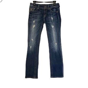 Buckle Miss Me Distressed Straight Leg Denim Jeans Rhinestones Womens Size 29